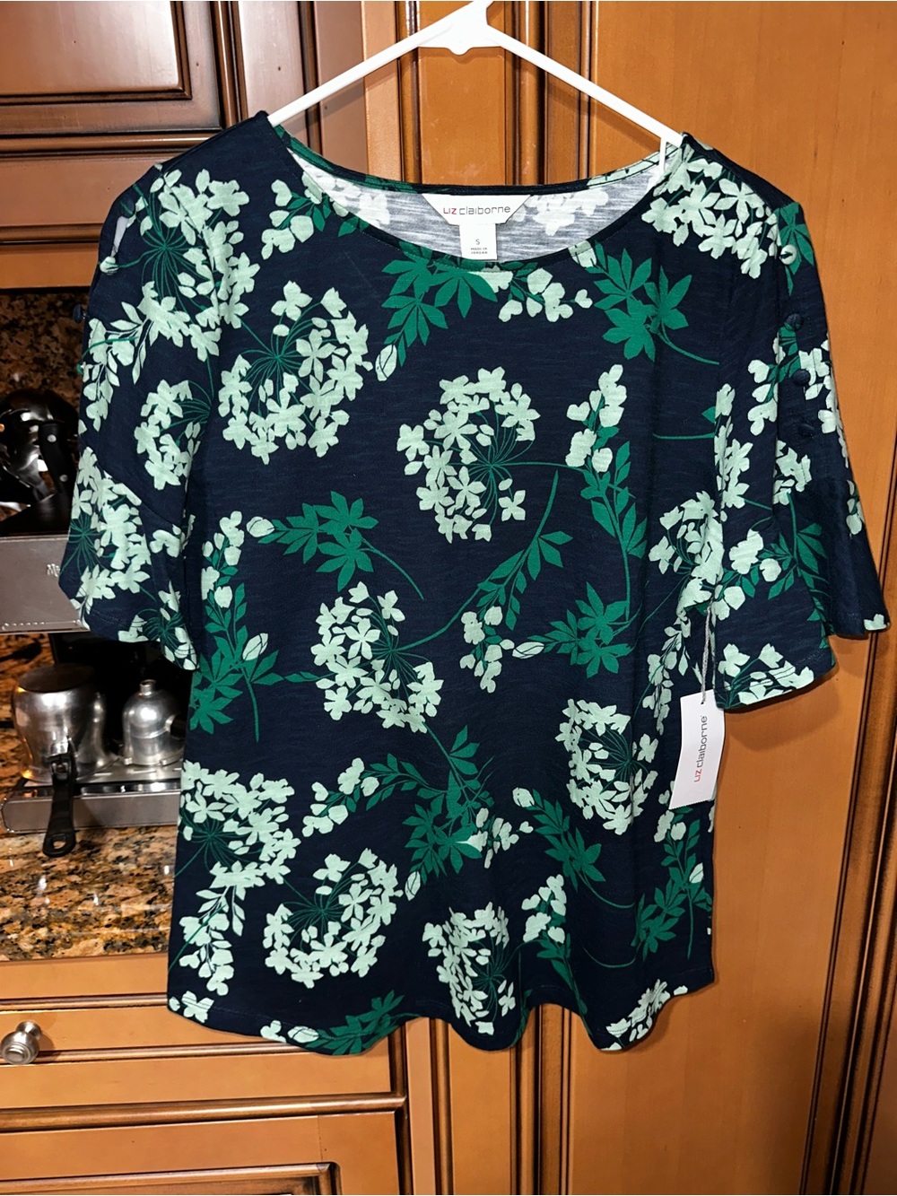 Brand New Liz Claiborne Navy Short-Sleeve Top with Green & Mint Floral Print